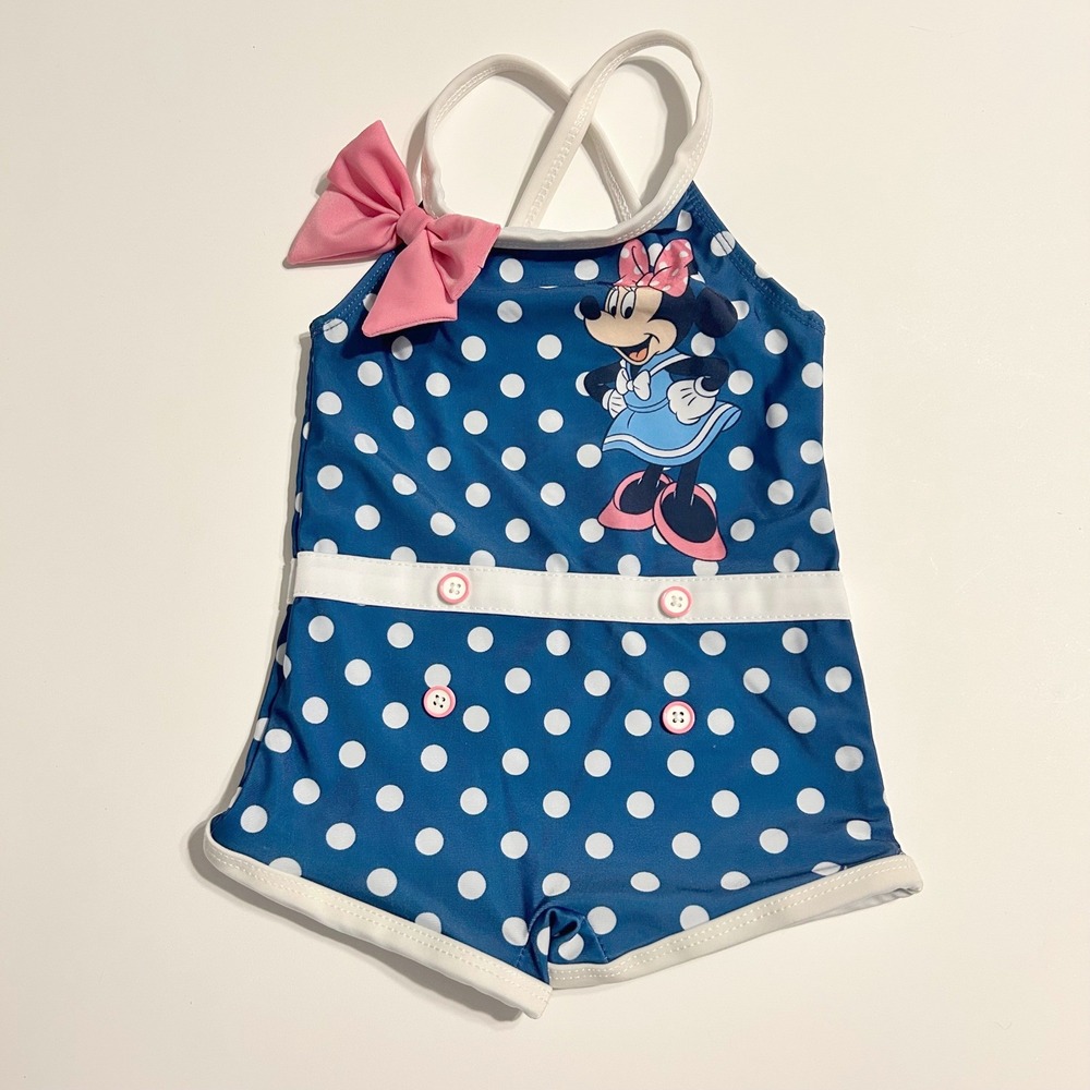 Disney‎ Baby Minnie Mouse Navy White Polka Dot Swimsuit Romper Bow Size 12 18M